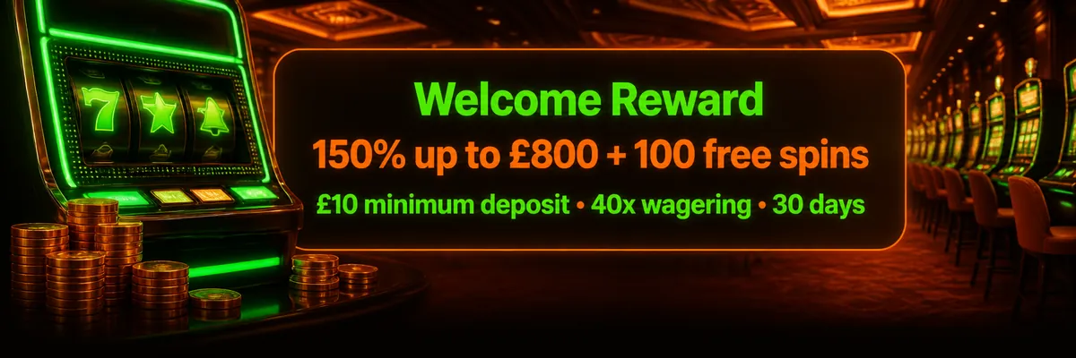 Lavish orange and green casino interior with glowing slot machines, coin stacks and a welcome bonus panel